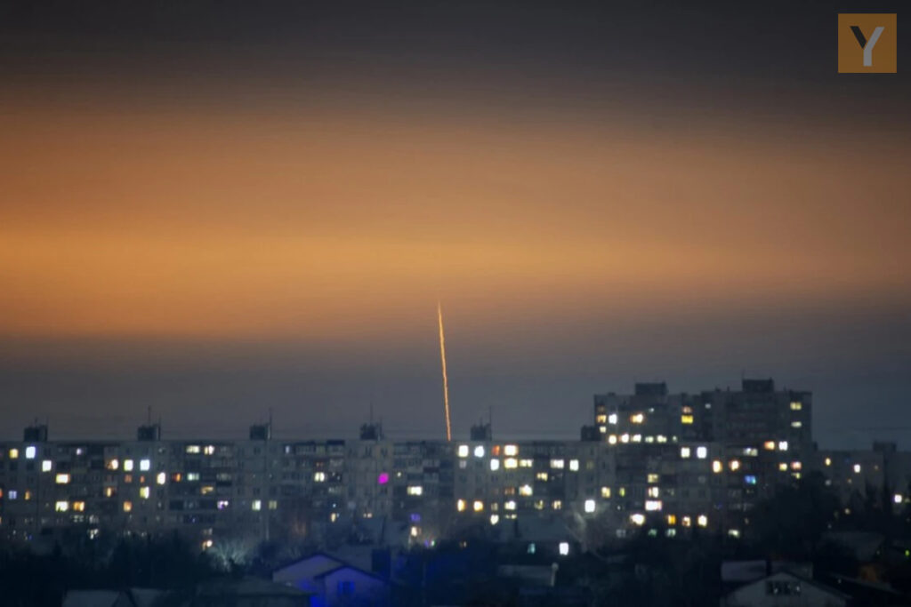 This photograph taken on January 7, 2023 shows a missile launched from Russia's Belgorod region flying towards Kharkiv. 